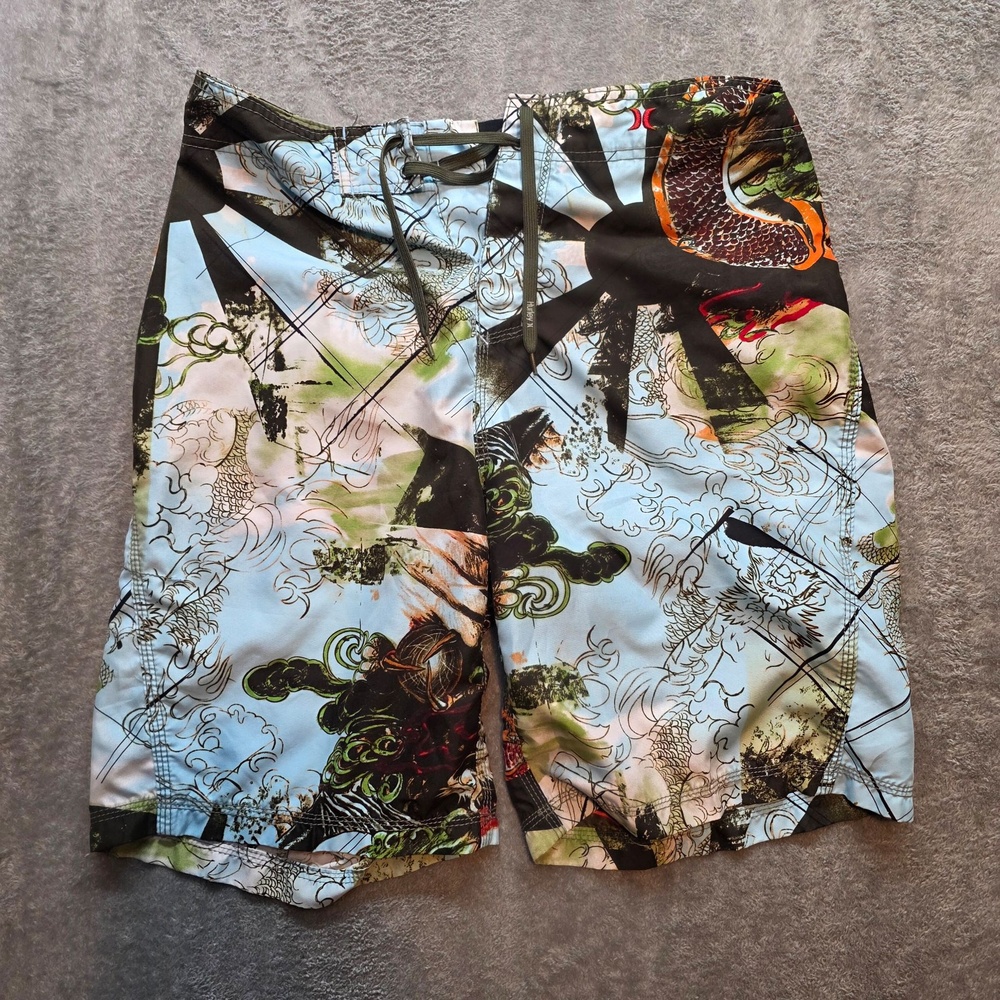 Hurley Board Shorts Mens 32 Blue Dragon Graphic Print Surf Swim Trunks 2000s VTG